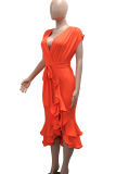 Orange Elegant Solid Color Strap Design Flounce V Neck Irregular Dresses