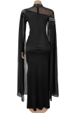 Black Elegant Solid Color Beading Hot Drill O Neck Long Dresses