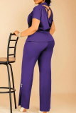 Purple Casual Solid Color Buckle Turndown Collar Plus Size Two Pieces