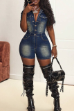 Deep Blue Casual Solid Color Buckle Turndown Collar Short Sleeve Regular Denim Jumpsuits
