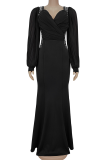 Black Elegant Solid Color Hot Drill Asymmetrical Collar Long Dresses