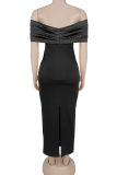 Black Elegant Solid Color Slit Hot Drill Off Shoulder Long Dresses