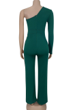 Green Casual Sequins Oblique Collar Regular Jumpsuits