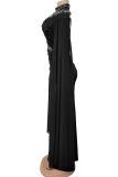 Black Elegant Solid Color Beading Hot Drill O Neck Long Dresses