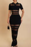 Blue Casual Solid Color See-Through Turndown Collar Long Dresses