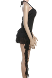 Black Sexy Solid Color Stringy Selvedge Spaghetti Strap Regular Rompers