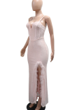 Pink Elegant Solid Color High Slit Feather Trim Spaghetti Strap Evening Dresses