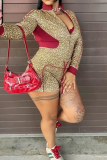 Pink Sexy Leopard Print Draw String Zipper Contrast Zipper Collar Long Sleeve Two Pieces