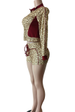 Pink Sexy Leopard Print Draw String Zipper Contrast Zipper Collar Long Sleeve Two Pieces