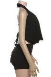Black Sexy Solid Color Backless Spaghetti Strap Sleeveless Two Pieces