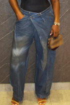 Blue Casual Daily Solid Color Buttons Mid Waist Loose Denim Jeans