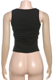 Black Sexy Solid Color Hollow Out O Neck Tops