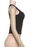 Black Sexy Solid Color Hollow Out O Neck Tops