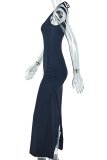 Black Elegant Solid Color Patchwork Halter Long Dresses