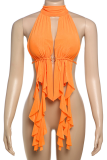 Orange Sexy Solid Color Backless Strap Design Halter Tops