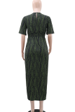 Army Green Casual Vacation Print Slit O Neck Long Dresses