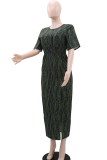 Army Green Casual Vacation Print Slit O Neck Long Dresses