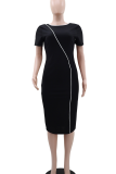 Black Elegant Solid Color Patchwork O Neck Wrapped Skirt Dresses