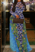 Turquoise Casual Print Patchwork O Neck Long Dresses