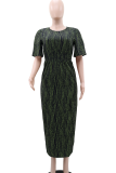 Army Green Casual Vacation Print Slit O Neck Long Dresses