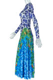 Turquoise Casual Print Patchwork O Neck Long Dresses
