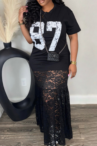 Black Casual Digital Lace O Neck Long Dresses