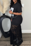 Black Casual Digital Lace O Neck Long Dresses