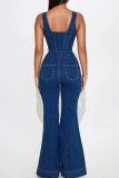 Blue Sexy Solid Color Buckle U Neck Sleeveless Bodycon Denim Jumpsuits