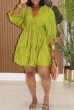 Green Casual Solid Color Patchwork V Neck Dresses