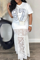 White Casual Digital Lace O Neck Long Dresses
