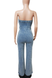Light Blue Sexy Solid Color Buttons Strapless Sleeveless Regular Denim Jumpsuits