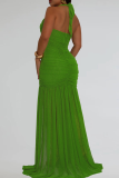 Black Elegant Solid Color High Slit Halter Long Dresses