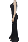 Black Elegant Solid Color High Slit Halter Long Dresses