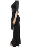 Black Elegant Solid Color Slit V Neck Long Dresses