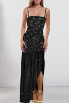 Black Sexy Solid Color Sequins Slit Spaghetti Strap Irregular Dresses