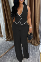 Black Casual Solid Color Buttons Contrast V Neck Sleeveless Two Pieces