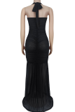 Black Elegant Solid Color High Slit Halter Long Dresses