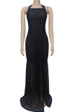 Black Elegant Solid Color High Slit Halter Long Dresses