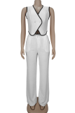Apricot Casual Solid Color Buttons Contrast V Neck Sleeveless Two Pieces