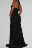 Black Elegant Solid Color High Slit Halter Long Dresses