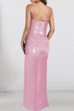 Black Sexy Solid Color Sequins Slit Spaghetti Strap Irregular Dresses