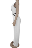 Apricot Casual Solid Color Buttons Contrast V Neck Sleeveless Two Pieces