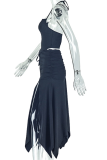 Black Sexy Solid Color High Slit Halter Sleeveless Two Pieces