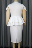 White Elegant Solid Color Ruffle Flower Shape O Neck Wrapped Skirt Dresses