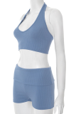 Blue Sexy Solid Color Backless Halter Sleeveless Two Pieces