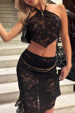 Black Sexy Solid Color Lace Backless Irregular Halter Sleeveless Two Pieces
