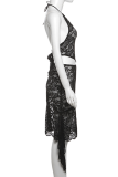 Black Sexy Solid Color Lace Backless Irregular Halter Sleeveless Two Pieces