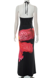 Black Sexy Print Backless Halter Long Dresses