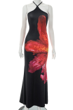 Black Sexy Print Backless Halter Long Dresses