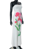 White Sexy Print Strapless Long Dresses